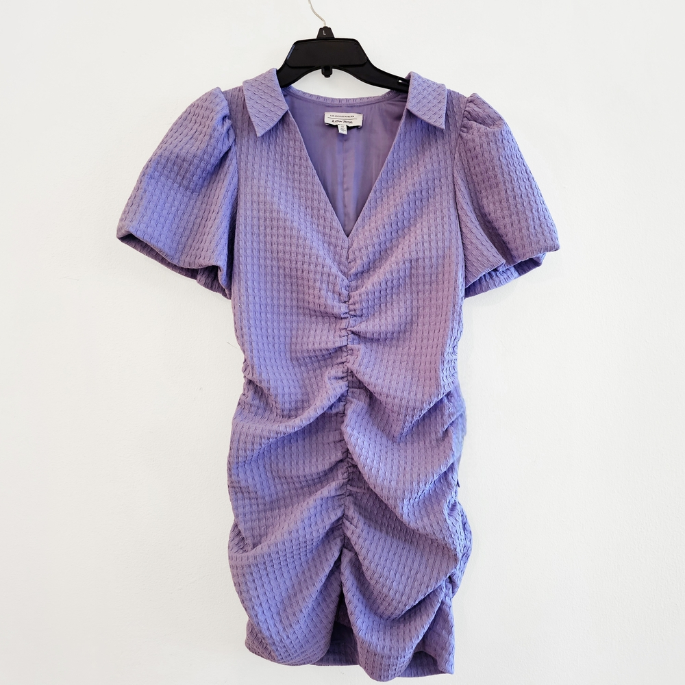 & Other Stories Lavender Ruched V-Neck Mini Dress with Puff Sleeves